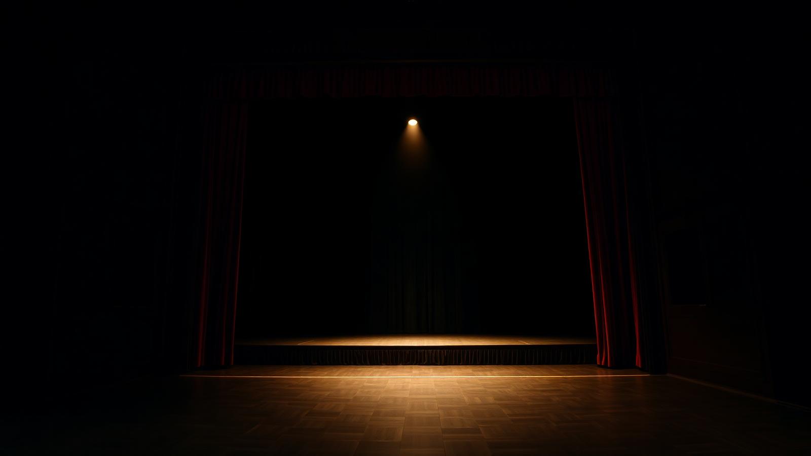 An empty stage lit by a single warm work light